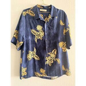 Tommy Bahama Mens XL Blue Gold Floral Silk Short Sleeve Button Up Shirt tropical
